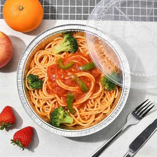 7 Inch Round Aluminum Foil Pans with Clear Lids（50 Pack）Disposable Round Foil Pans,Aluminum Pie Tins,Pie Pans Take-Out Containers for Storing, Baking, Meal Prep & Reheating | Freezer & Oven Safe