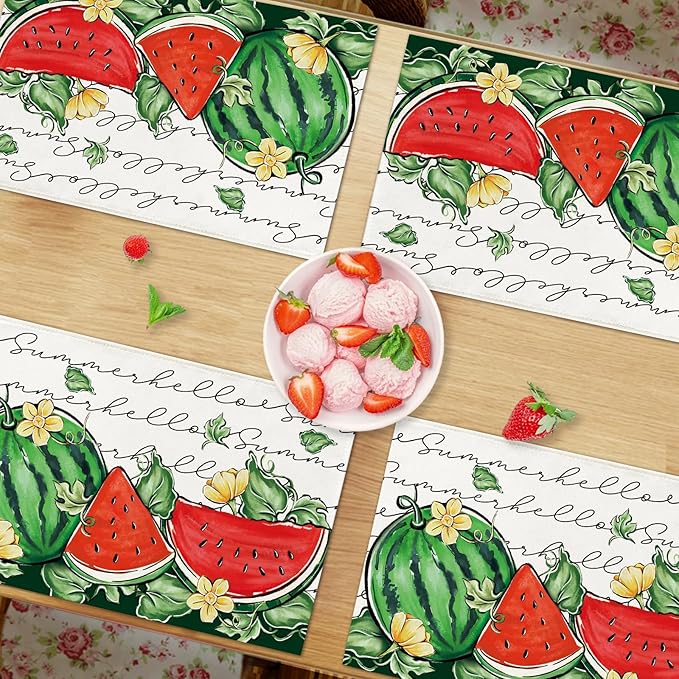 Seliem Hello Summer Watermelon Placemats Set of 4, Tropical Fruit Yellow Flower Dining Table Place Mats, Seasonal Kitchen Decor Home Decoration 12 x 18 Inches