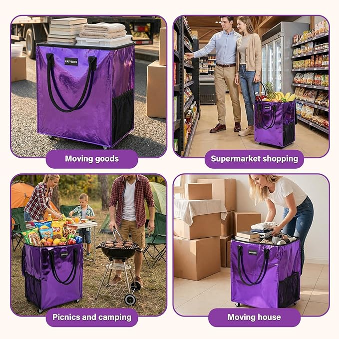 Reusable Hauler Rolling Tote Bag, Collapsible Portable Shopping Bag with Wheels for Groceries, Apartments Laundry, Organization , Heavy Duty Utility Tote Bag, Travel and Moving, 75lbs, Glossy Purple