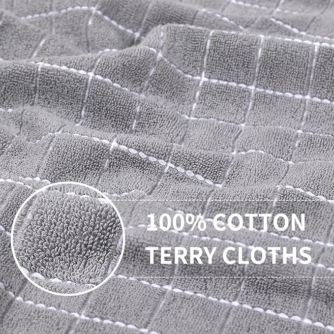 Homaxy 100% Cotton Terry Kitchen Towels(White and Light Grey, 13 x 28 Inches), Checkered Designed, Soft and Super Absorbent Dish Towels, 4 Pack