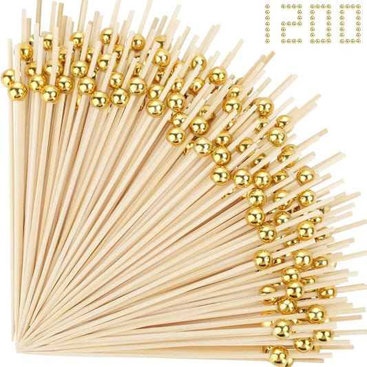 1200PCS Cocktail Picks, Fancy Toothpicks for Appetizers Drinks Food Fruit, 4.7 IN Long Decorative Bamboo Skewers, Gold Pearl Wooden Garnish Sticks for Charcuterie Boards Accessories Party Supplies