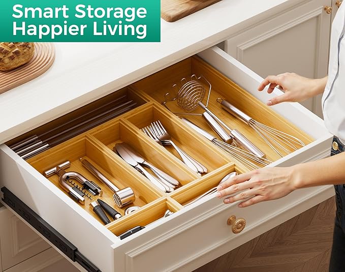 Bamboo Kitchen Drawer Organizer Boxes – 9" x 3" Stackable Wood Silverware Utensil Tray for Drawers Bins, Cutlery & Flatware Storage – Wooden Organizers Set of 2 for Junk Drawer, Bathroom, RV
