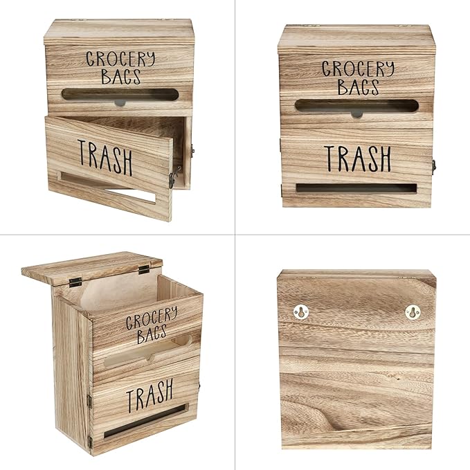 2 in 1 Trash Bag Dispenser, Double Wall Mounted,Wood Trash Bag Holder, used in kitchen, garage, laundry room, can store Environmentally friendly food bags (White/Brown(10inch*5.5inch*12.2inch）)