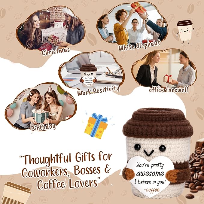 OCCdesign Mini Motivational Office Gifts for Women Men Coworkers Teachers Boss Nurses Handmade Crochet Coffee Cup Thank You Present for Friends Cheer Up Inspirational Birthday Gifts Office Desk Decor