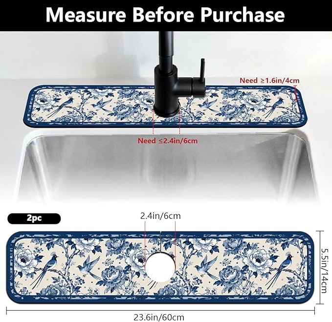 2 Pcs Kitchen Sink Splash Guard Faucet Mats Vintage Porcelain Flowers and Birds Pattern Faucet Mat for Sinks Absorbing Drying Mat for Kitchen Bathroom, 23.6x5.5inch