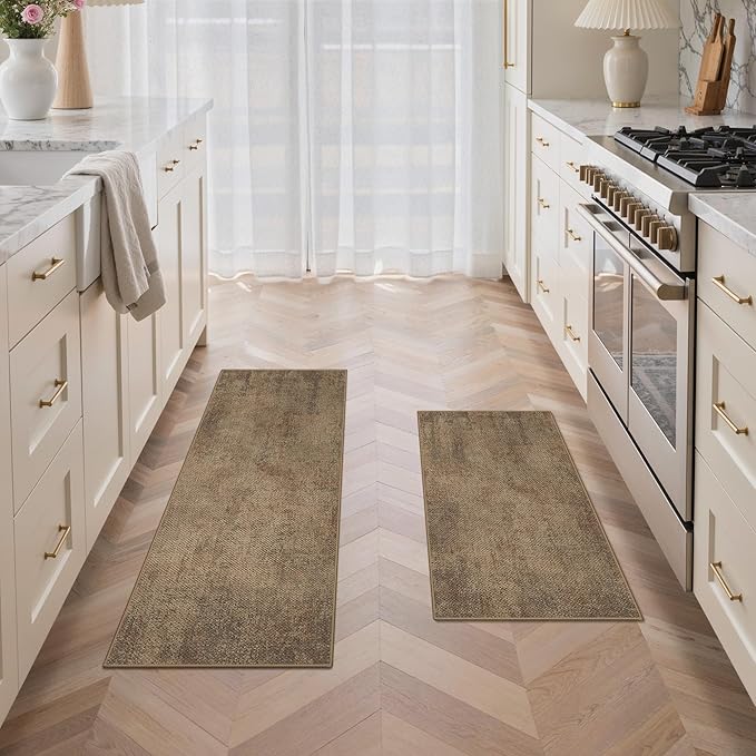 GENIMO Kitchen Mats for Floor 2PCS, Washable Absorbent Runner Rugs for Kitchen, 20"x48"+20"x32" Jute Rug, Cushioned Non Slip Kitchen Rugs for Kitchen Floor, Standing Mat Rug for Home, Sink, Laundry