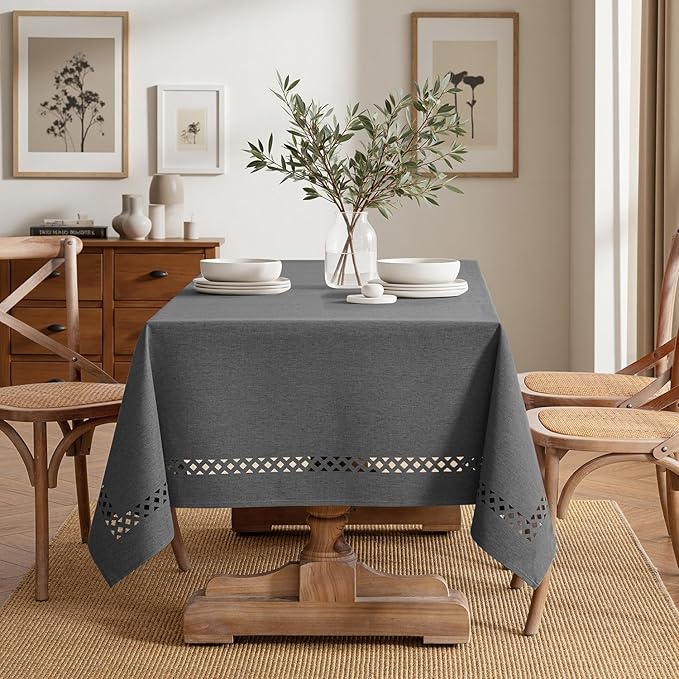 MIULEE Grey Rectangle Linen Polyester Tablecloth with Decorative Cutouts Spring Waterproof Stain Resistant & Shrink-Proof Table Cloth 60x84 inch Farmhouse Style for Dining Wedding and Outdoor