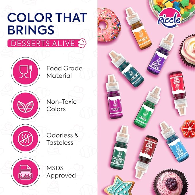 Riccle Food Coloring for Baking - 26 Bright Food Coloring Liquid Set for Cake decorations - 0.20 Fl. Oz (6 ml) / Bottle x 26 Food Dye for Icing, Christmas Cookie decorating Supplies Baking Supplies