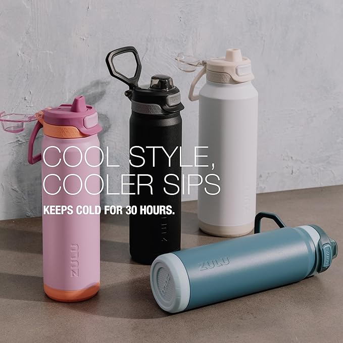ZULU Powerfill Pro 24oz Stainless Steel Water Bottle with Quick Fill Lid, Triple Walled Vacuum Insulated Metal, Leak Proof Locking Lid, Sip and Chug, Reusable BPA Free, Ash