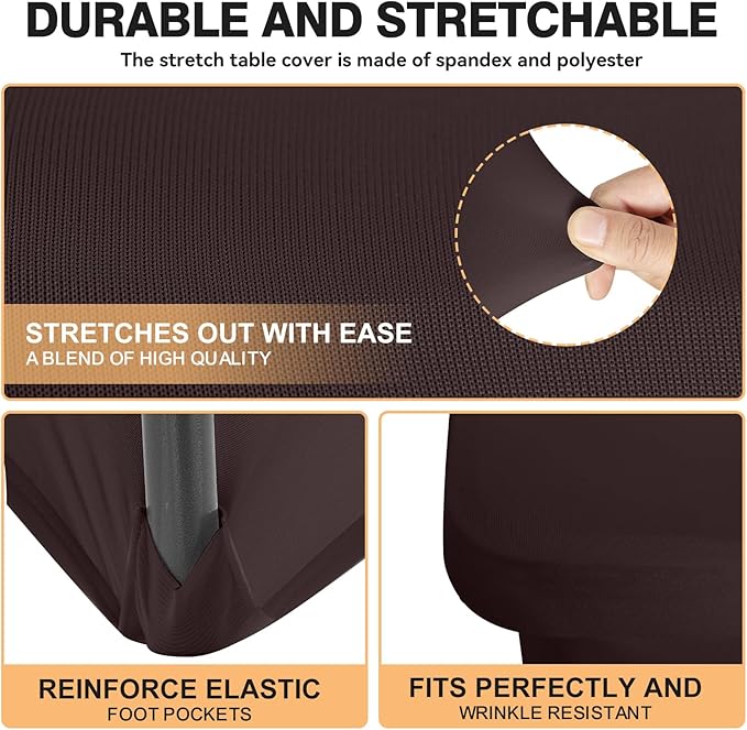 2 Pack 6 Feet Coffee Spandex Tablecloth for Tables, Fitted & Stretch, Washable, Wrinkle Resistant, Perfect for Event, Wedding, Party, Banquet, Cocktail, Festival, and Table Protector