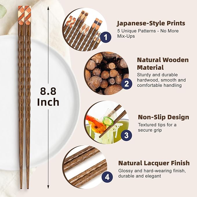 Antner 5 Pairs Wooden Chopsticks Reusable Classic Japanese Style Chop Sticks Dishwasher Safe Hand-Carved Hardwood Chopsticks for Sushi, Ramen, Hot Pot and Asian Cuisine, 8.8 Inch/22.5cm Gift Set