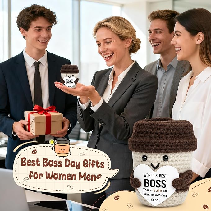 Agantree art Best Boss Birthday Gifts for Women Men Female Male Coffee Lover Leader Manager Supervisor Crochet Coffee Mug Cup Desk Office Decor for Retirement Promotion Leaving Boss Day Christmas