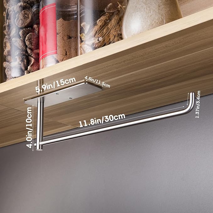 SUNTECH Paper Towel Holder Under Cabinet - Self Adhesive Towel Paper Holder Stick on Wall for Kitchen, Bathroom Paper Towel Holder Organizer&Storage&Decor, Stainless Steel