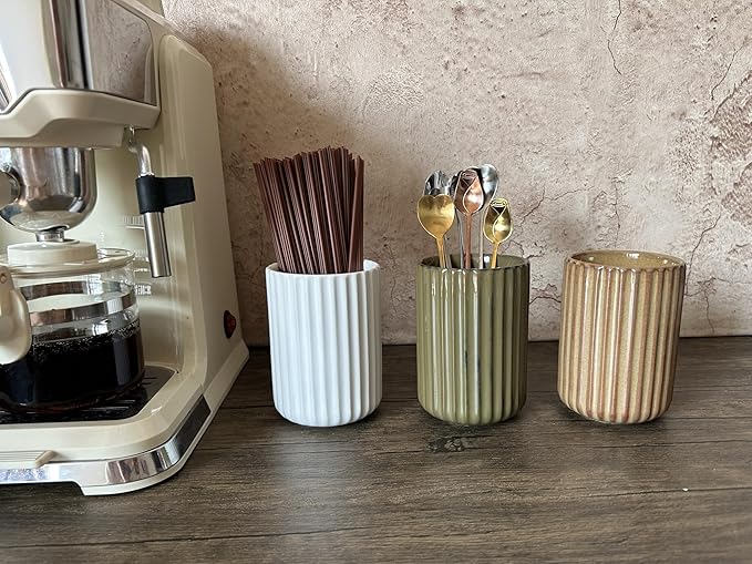 TOPYOKK Stoneware Coffee Bar Utensil Holder Tea & Coffee Spoon & Stirrer Holder for Stir Stick Straw Teaspoon Holder Spoon Cup Small Utensil Jar Fluted Vertical Stripe (Retro Green)
