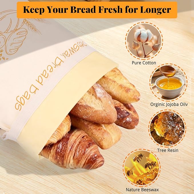 Homelove 2 Pack Beeswax Bread Bags for Sourdough Homemade Bread - Reusable Organic Linen Bag Cotton Lining Sourdough Natural Beeswax Bread Storage Bag, Keep Fresh and Upgraded XLarge Capacity Portable