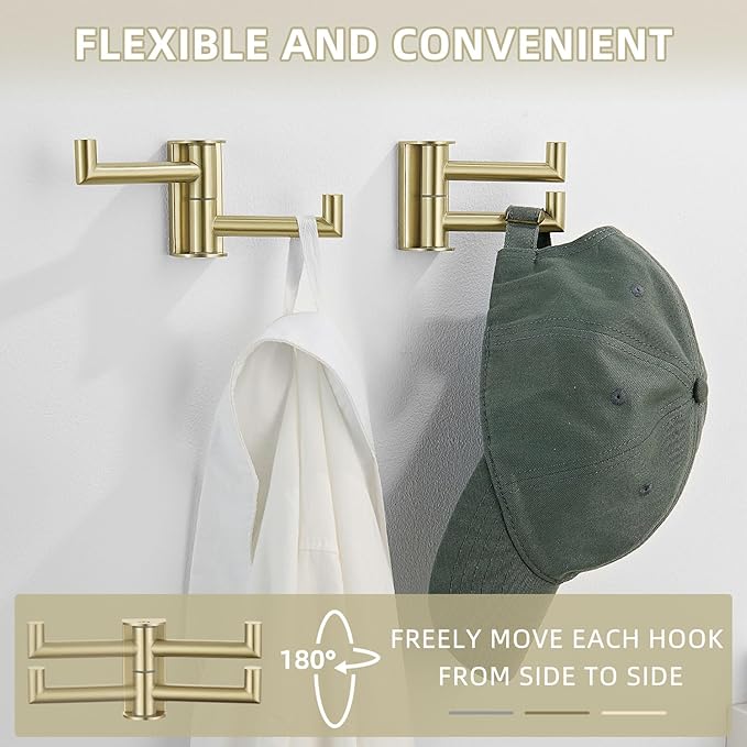Angle Simple Swivel Hooks for Bathroom, SUS304 Stainless Steel 2 Arms Bath Towel Robe Hook Wall Mount, 2 Pack, Brushed Gold