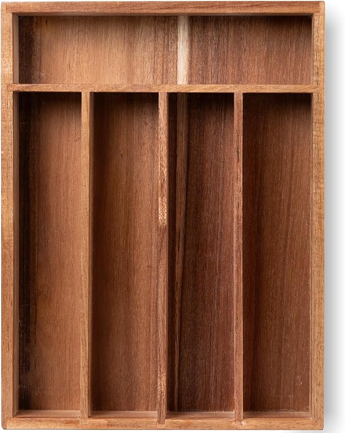 Silverware Organizer Acacia Wood Kitchen Drawer Organizer with 5 Slots Flatware Organizer Tray for Kitchen, Flatware, Utensils