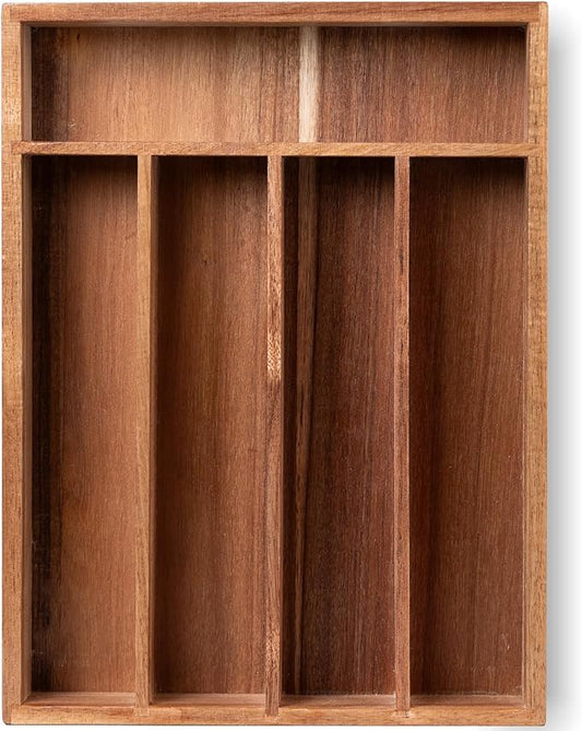 Silverware Organizer Acacia Wood Kitchen Drawer Organizer with 5 Slots Flatware Organizer Tray for Kitchen, Flatware, Utensils