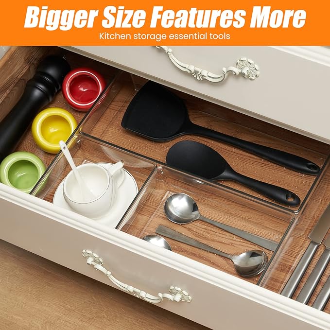 12 Pack Clear Plastic Drawer Organizer Set, Acrylic Non Slip Non Cracking Kitchen Drawer Storage Tray Large Size Divider, Multifunctional Storage for Cosmetics, Bathroom, Tools, Kitchen and Office