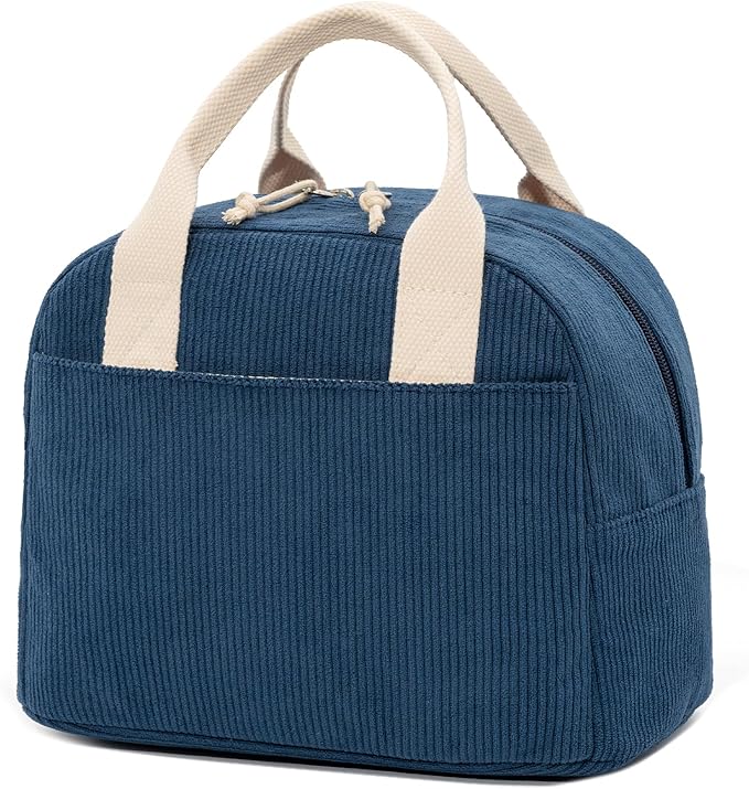LOVELYWIND Insulated Navy Blue Lunch Bag for Women, Stylish Corduroy Tote with Aluminum Lining, Large Capacity Reusable Cooler for Work, Travel, or Beach, Beige Cream Water-Resistant Lunch Box