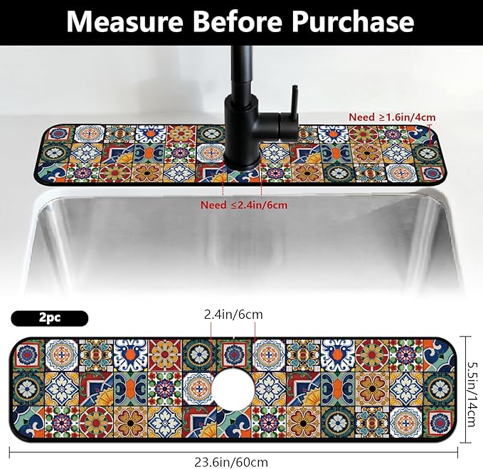 2 Pcs Kitchen Sink Splash Guard Faucet Mats Colored Bohemian Tiles Pattern Faucet Mat for Sinks Absorbing Drying Mat for Kitchen Bathroom, 23.6x5.5inch