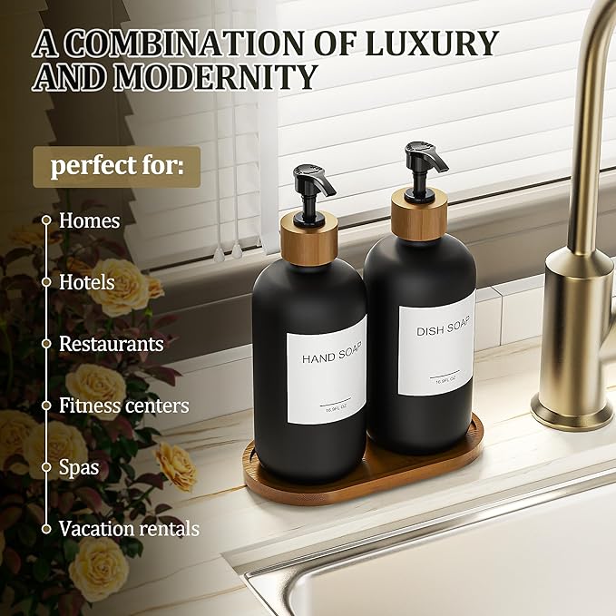 MASADI Black Glass Hand Soap and Lotion Dispenser Set with Tray, Liquid Hand Soap Dispenser and Pump, Bathroom Soap Dispenser Set, Bamboo Bathroom Accessories & Modern Bathroom Deco