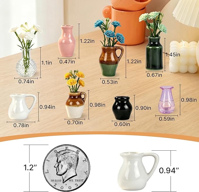 ZOYVUX Cute Ceramic Mini Vase Magnets for Fridge, Tiny Plant Vases with Flowers, Magnetic Refrigerator Decor for Kitchen, Office, Locker (8 Pack)