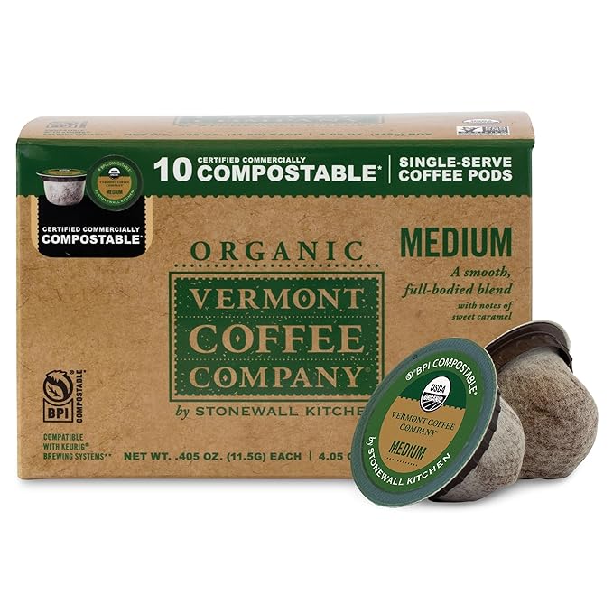Vermont Coffee Company, Organic Medium Roast, Single-Serve Organic Compostable Coffee Pods for Keurig, 10CT, Compatible with Most Kcups Brewing Systems, Made in the USA
