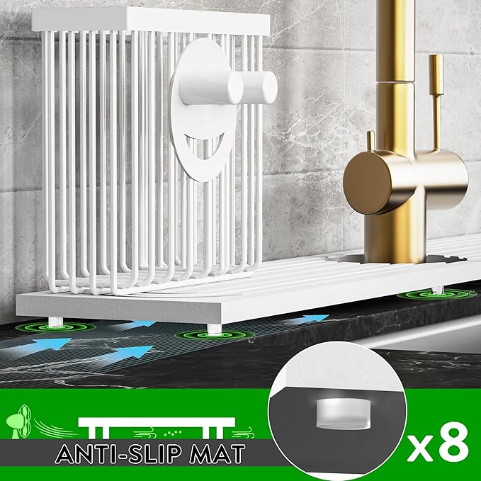 Cisily White Diatomite Faucet Mat for Kitchen Sink Protectors with Dish Brush Holder-Absorbent Drying Counter Stone Water Splash Guard Area, Behind Kitchen Sink Caddy Organizers Accessories Organizer