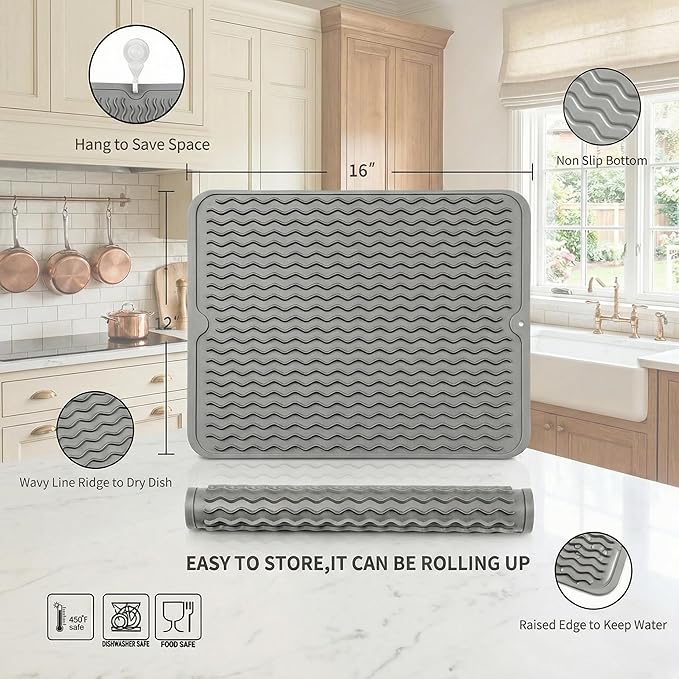 Silicone Dish Drying Mat for Kitchen Counter or Sink, Refrigerator or Drawer Liner, Easy Clean, Eco-Friendly, Heat-Resistant, Grey, 16 inches x 12 inches