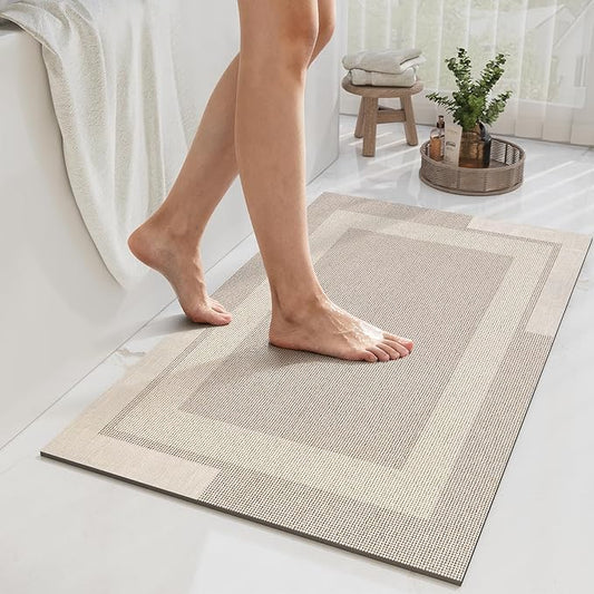 Non Slip Bath Mat, Rubber Backing Ultra Thin Bathroom Rugs Fit Under Door Quick Dry Super Absorbent Washable Bath Rug Shower Mat for Bathroom Floor Bathtub Shower Sink, Easy Care Beige 24"x 35"