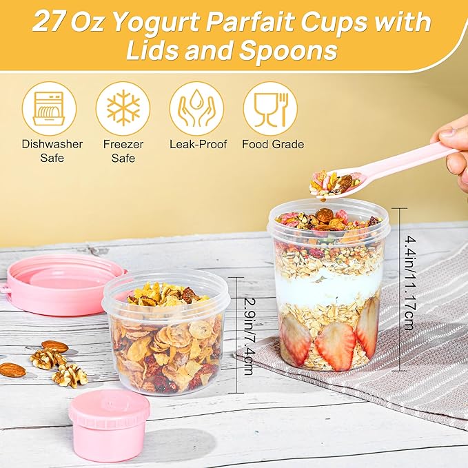Vtopmart 4 Pack 27oz Yogurt Parfait Cups with Lids and Spoons, Overnight Oats Containers, Reusable Topping Compartment for Breakfast with Yogurt, Cereal or Oatmeal On-the-Go