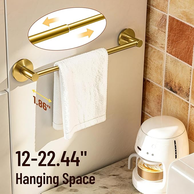 Magnetic Towel Bar, Adjustable Towel Rod with Larger Magnetic Base & Hidden Magnet Design, Non-Slip Magnetic Towel Holder for Refrigerator, Dishwasher, Oven, Washer (Brushed Gold, 1Pack)