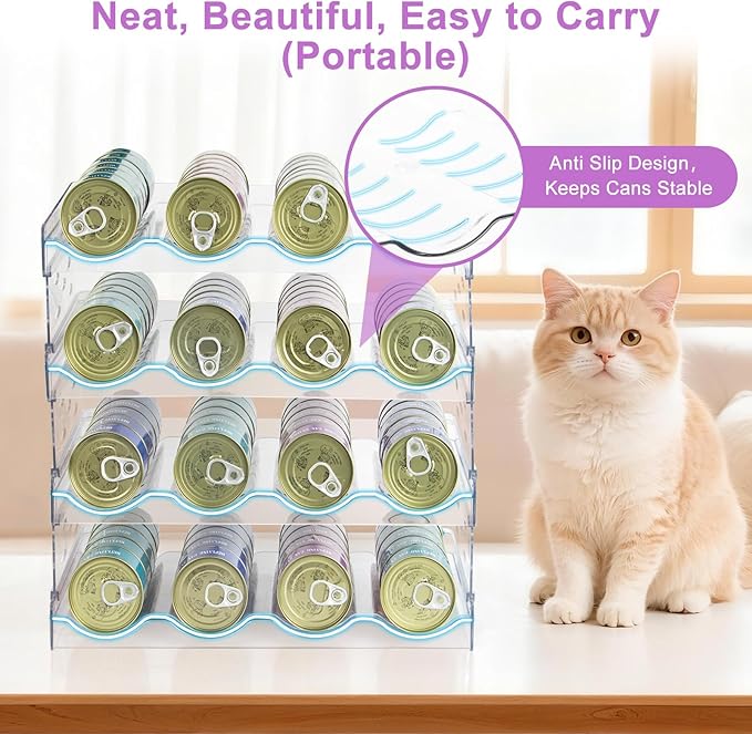 REFLYING Extra Large Cat Food Can Organizer – 4-Tier Holds 96 Cans (3oz–12.5oz), Transparent Acrylic Stackable Storage for 3+ Cats, Mold-Resistant Pantry & Kitchen Cabinet Organizer(4 Tier-4 Layer)