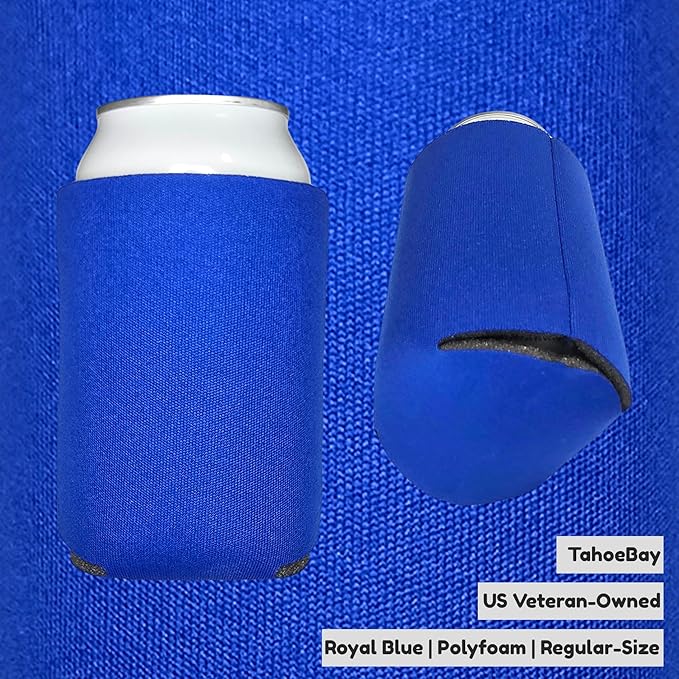 TahoeBay Bulk Blank Beer Can Cooler Sleeves (50-Pack) Sublimation Blanks for Vinyl Plain Soft Foam Can Sleeves Coolers for Soda Cans & Bottles Black, White, Assorted Solid Color (Royal Blue)