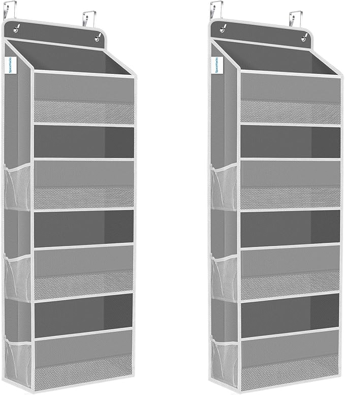 2 Pack Over The Door Organizer, Hanging Storage Organizer with Clear Window, 40lb Ultra Sturdy Large Capacity Room Organizer for Pantry Laundry Bathroom Nursery Closet (Grey)