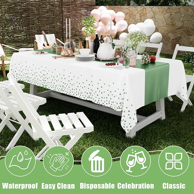 Smiry Plastic Table Cloth Disposable 3 Pack, 54 x 108 Inch Rectangle Waterproof Tablecloth, Printed Gold Table Runner Style for Easter, Birthday, Weeding, Leakproof & Sturdy, White and Sage Green