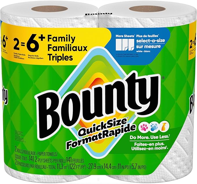Bounty Paper Towels Quick Size, White, 2 Family Triple Rolls = 6+ Regular Rolls