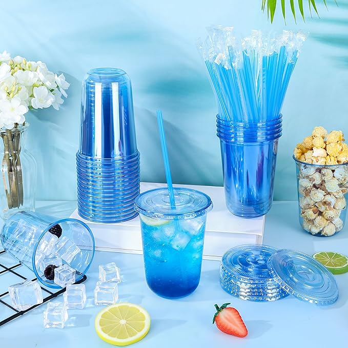 tchrules 100 Set 16oz Plastic Cups with Lids and Straws, Disposable Blue Clear Iced Coffee Cup with Lid, Round Bottom Plastic To Go Cups for Cold Drinks Slushie Smoothie Soda Bar Party Shop Supplies