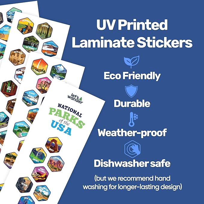 LET'S WANDER National Parks Water Bottle 2.0 Ultimate Bundle | Includes Straw Lid, Chug Lid & 2 Sets of 63 Waterproof Stickers | 32oz Leakproof Insulated Stainless Steel Gift Pack (White)