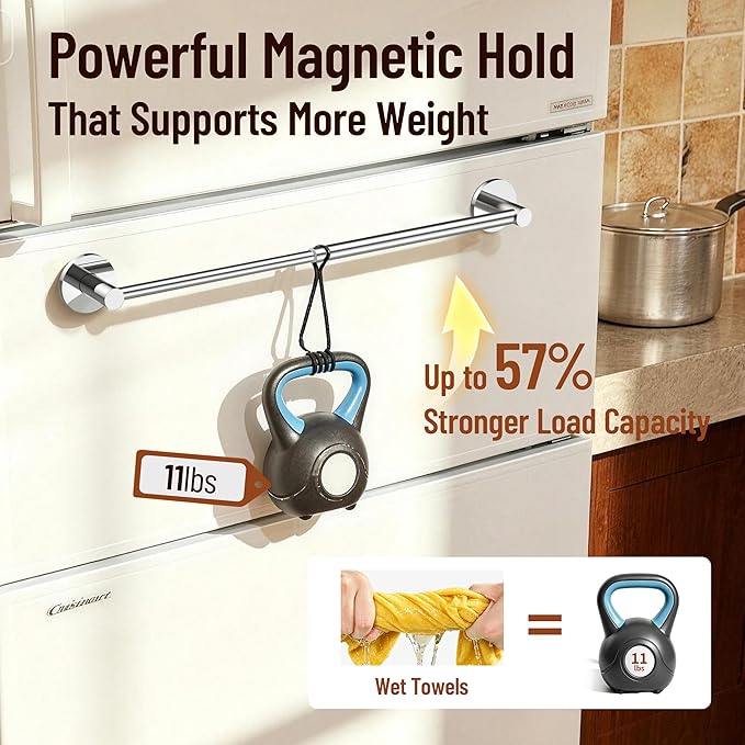 Magnetic Towel Bar, Adjustable Towel Rod with Larger Magnetic Base & Hidden Magnet Design, Non-Slip Magnetic Towel Holder for Refrigerator, Dishwasher, Oven, Washer (Chrome, 2Pack)