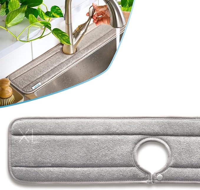 Ternal Original SINKMAT 24in XL Faucet Splash Guard Extra Long Microfiber Sink Drip Catcher Mat Non Slip Countertop Protector Drying Pad Kitchen Bathroom RV Machine Washable [Grey]