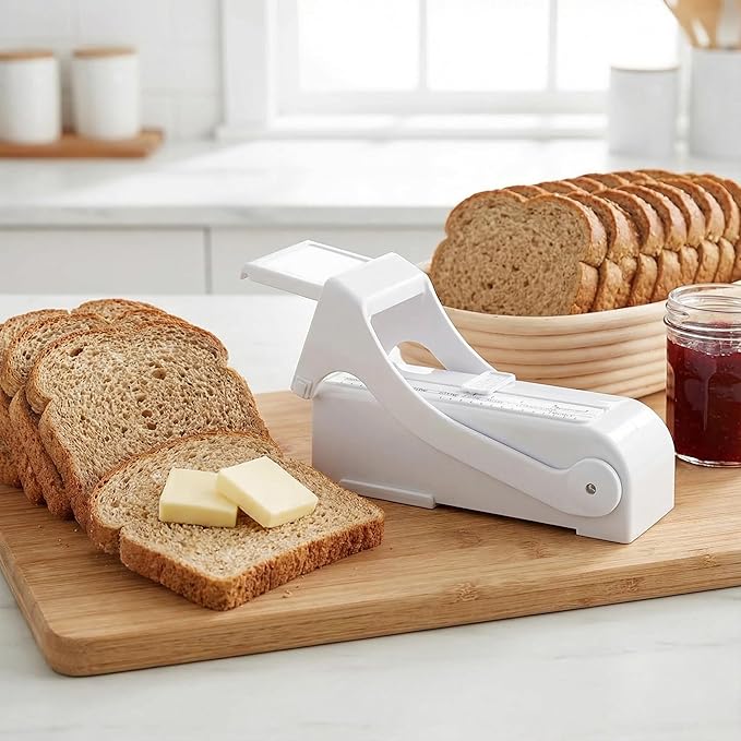 Butter Cutter Slicer and Dispenser, Measuring Dispenser and Keeper, One-Click Operation for Bread Cakes Cookies Breakfast, Food-Grade Plastic with Stainless Steel Blade, White