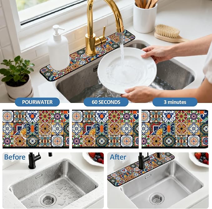 2 Pcs Kitchen Sink Splash Guard Faucet Mats Colored Bohemian Tiles Pattern Faucet Mat for Sinks Absorbing Drying Mat for Kitchen Bathroom, 23.6x5.5inch