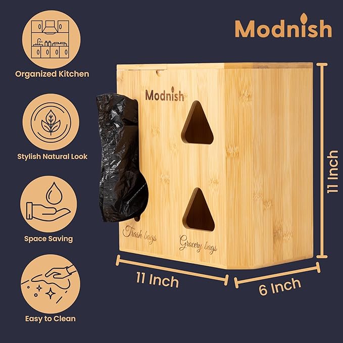 Bamboo Trash Bag Holder 2-in-1 | Trash Bag Dispenser Grocery Bag Organizer | 100% Natural Bamboo Wall Mount Countertop Holder | Trash Bag Organizer Space-Saving Eco-Friendly Storage Solution