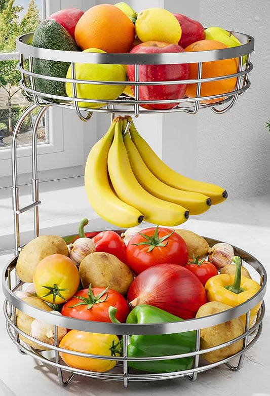 Sakugi Fruit Basket for Kitchen Counter - 2-Tier Large Capacity Fruit Bowl with Detachable Banana Hanger, Rust-Proof Metal Fruit Holder for Vegetables, Bread, Toiletry,10" D x 10" W x 14" H, Silver.