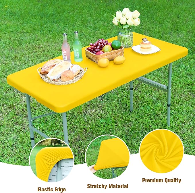 NEWISHER Fitted Rectangle Tablecloth 24 x 48 Inch Elastic Table Cloth for 4ft Table, Stretch Spandex Tables Cover Gold Washable Polyester Top Cap Cover for Dining Picnic Camping Indoor and Outdoor