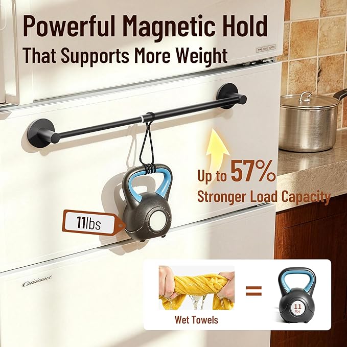Magnetic Towel Bar, Adjustable Towel Rod with Larger Magnetic Base & Hidden Magnet Design, Non-Slip Magnetic Towel Holder for Refrigerator, Dishwasher, Oven, Washer (Matte Black, 2Pack)