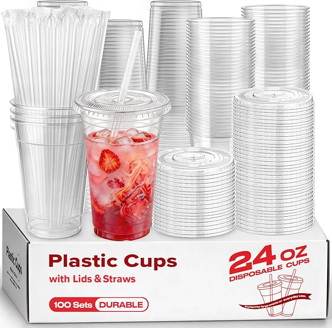 100 Pack 24 oz Plastic Cups with Lids and Straws, Clear Disposable Plastic Cups, Heavy Duty Iced Coffee Cups with Leak-Resistant Lids, Cold Drink Cups for Smoothies, Juice, Soda & Party To Go