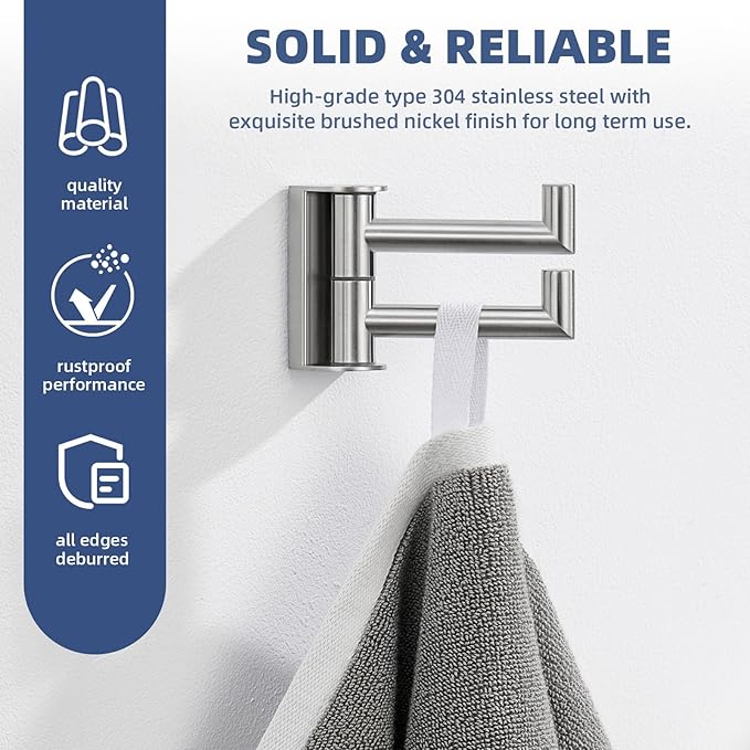 Angle Simple Swivel Towel Hook, SUS 304 Stainless Steel Hand Towel Hook for Bathroom, Foldable Robe Coat Hanger, Brushed Nickel